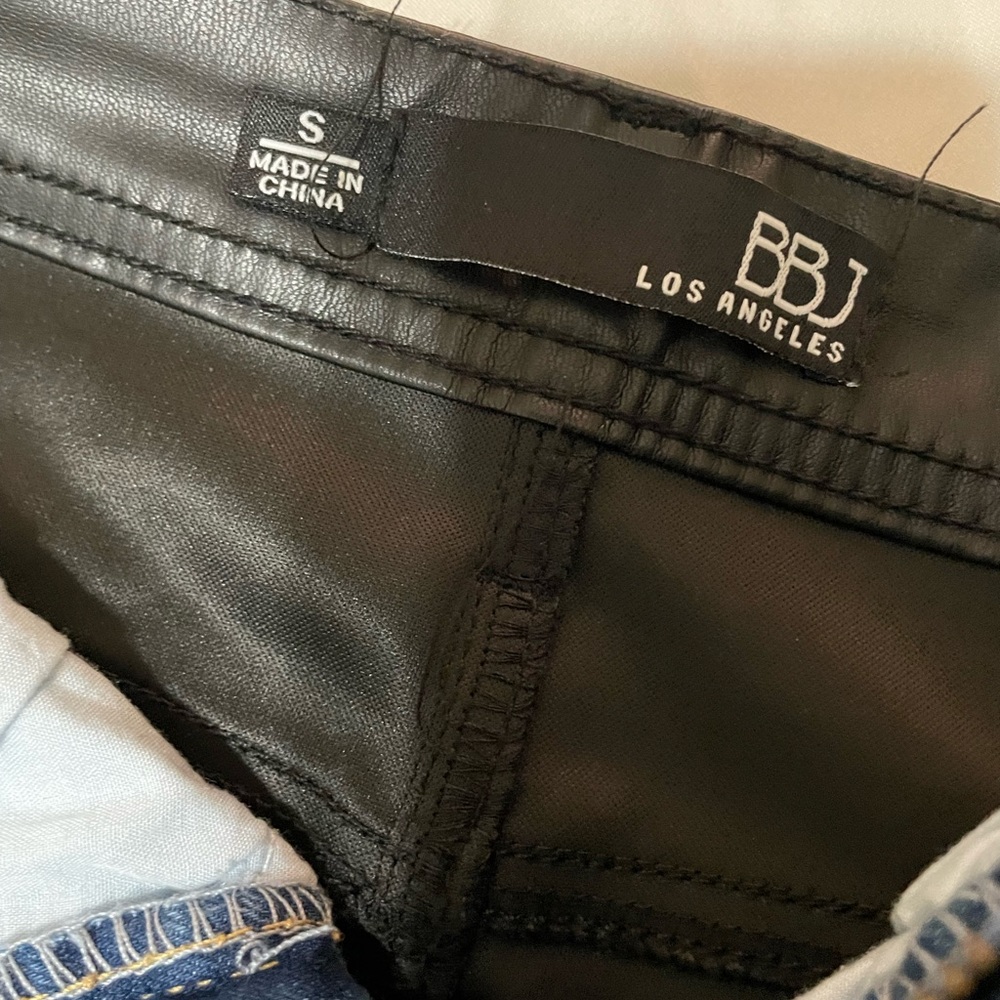 High waist denim&leather skirt